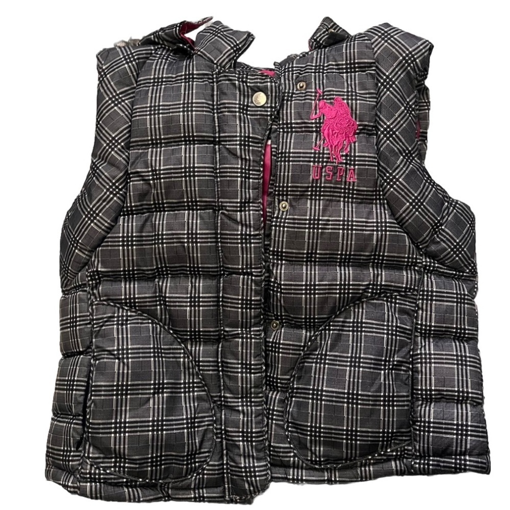 US Polo Assn. Plaid Puffer Vest Hooded Faux Fur NWOT L Pink/Black - Picture 8 of 9